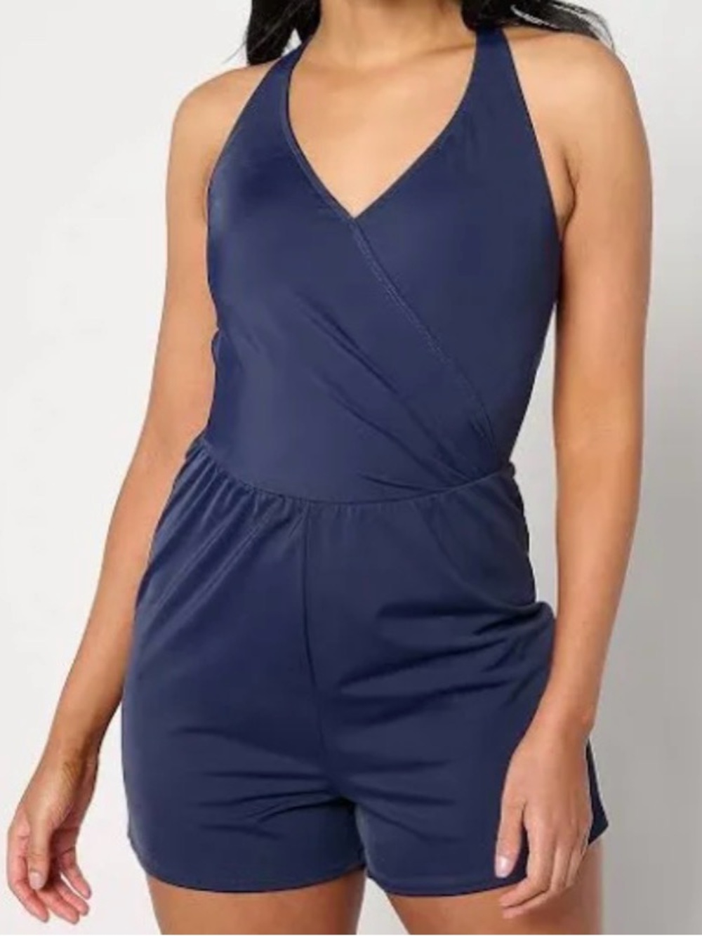 New Denim & Co. Beach Faux WrapTank Swim Romper Navy size 20W